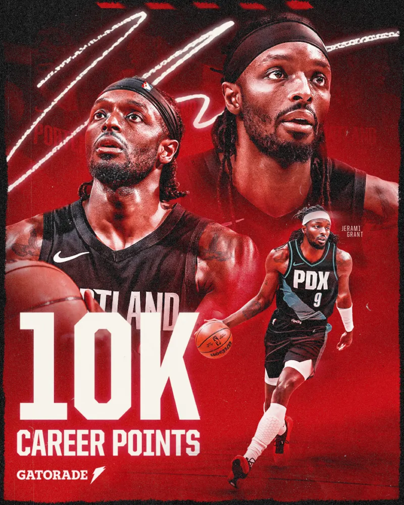 爱奇艺体育官网-追逐伟大！开拓者官媒晒格兰特海报：生涯总得分突破10000分